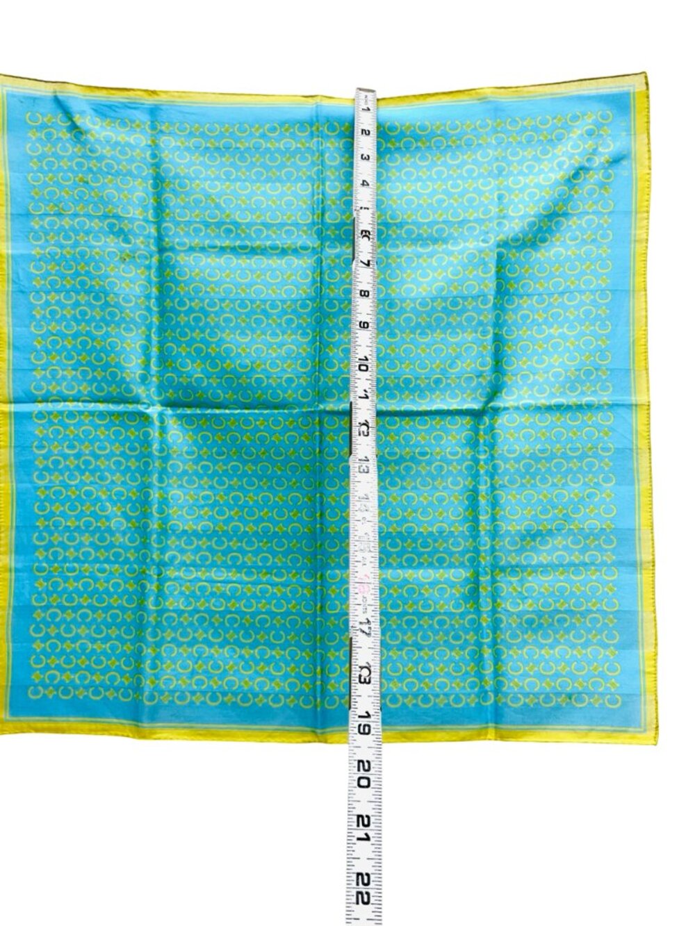 New Celine Paris Mini Scarf 19.5" Cotton/Silk Teal Blue Green Gold Logo "C" (88 - Picture 8 of 9